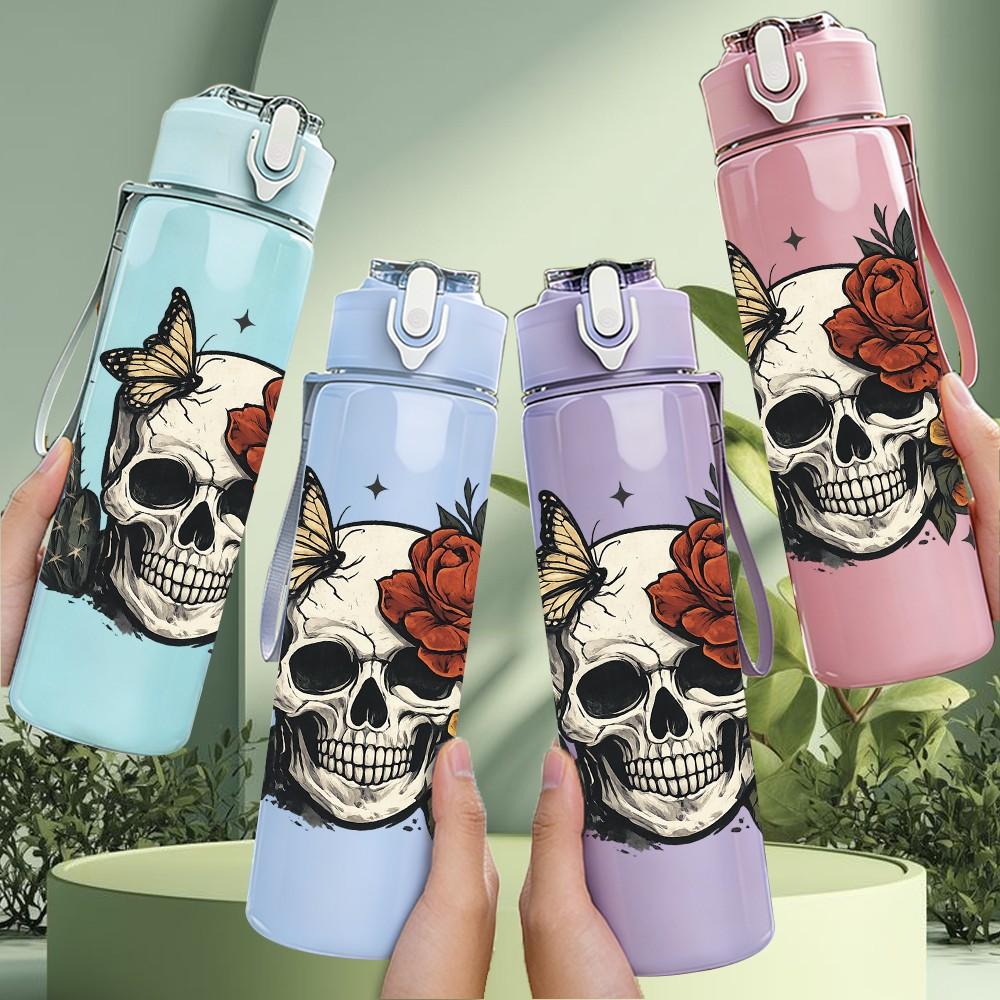 1PC Skull With Red Rose Floral Tattoo Print 750ml Color Plastic Sports Water Bottle Leakproof Flip Straw Lid Suitable for Sports Office Home Use