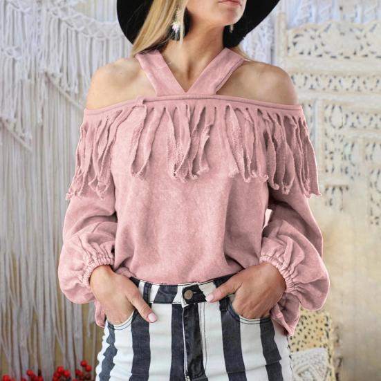 

Бахрома Декор Фонарь с длинным рукавом и открытой спиной Свободная посадка Женская блузка Сексуальная с открытыми плечами