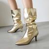 Chic Boots 2026 Womens Slouchy Mid Calf Boots Stiletto High Heel Leather Booties Pointed Toe Pull On Fall Winter Shoes For Women