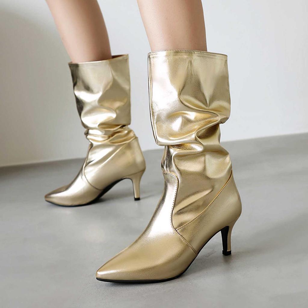 Chic Boots 2026 Womens Slouchy Mid Calf Boots Stiletto High Heel Leather Booties Pointed Toe Pull On Fall Winter Shoes For Women