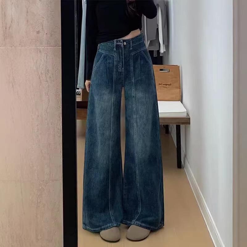 Women's Plus Size High-Waisted Retro Washed Wide-Leg Jeans