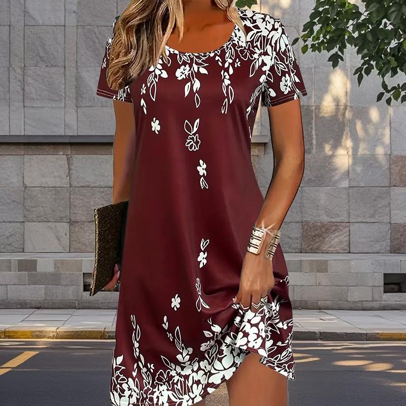 

Модное женское свободное платье-трапеция с принтом листьев и коротким рукавом с круглым вырезом и принтом листьев XL красный