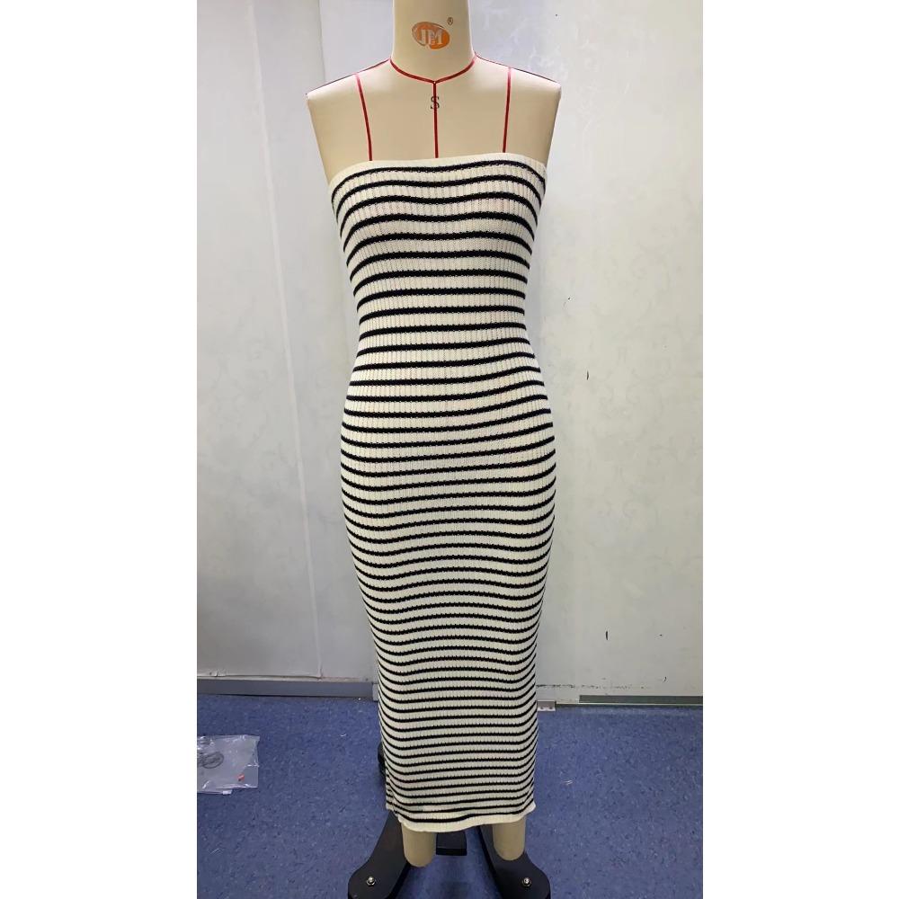 Summer Women's Smocked Temperament Striped Sexy Slim Package Hip Knitted Long Dresses