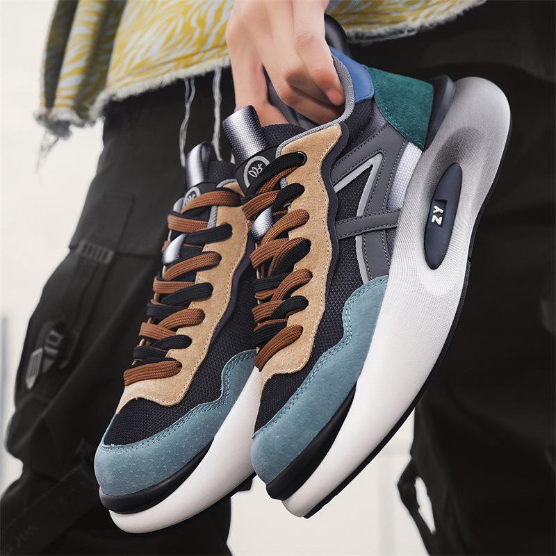 Men's Retro Genuine Leather Sneakers - Thick Sole, Breathable Mesh, All-Season Casual Fashion Shoes