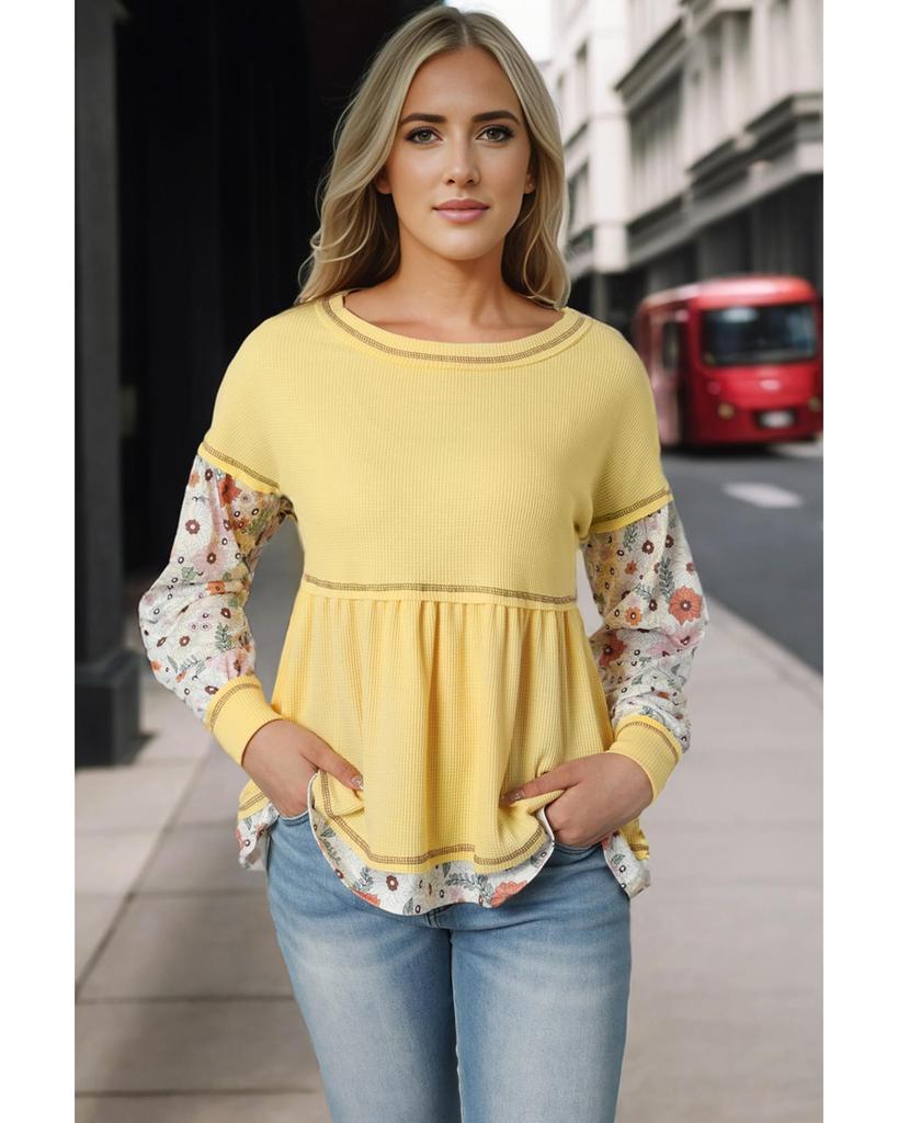 Azura Exchange Floral Patchwork Waffle Knit Babydoll Blouse