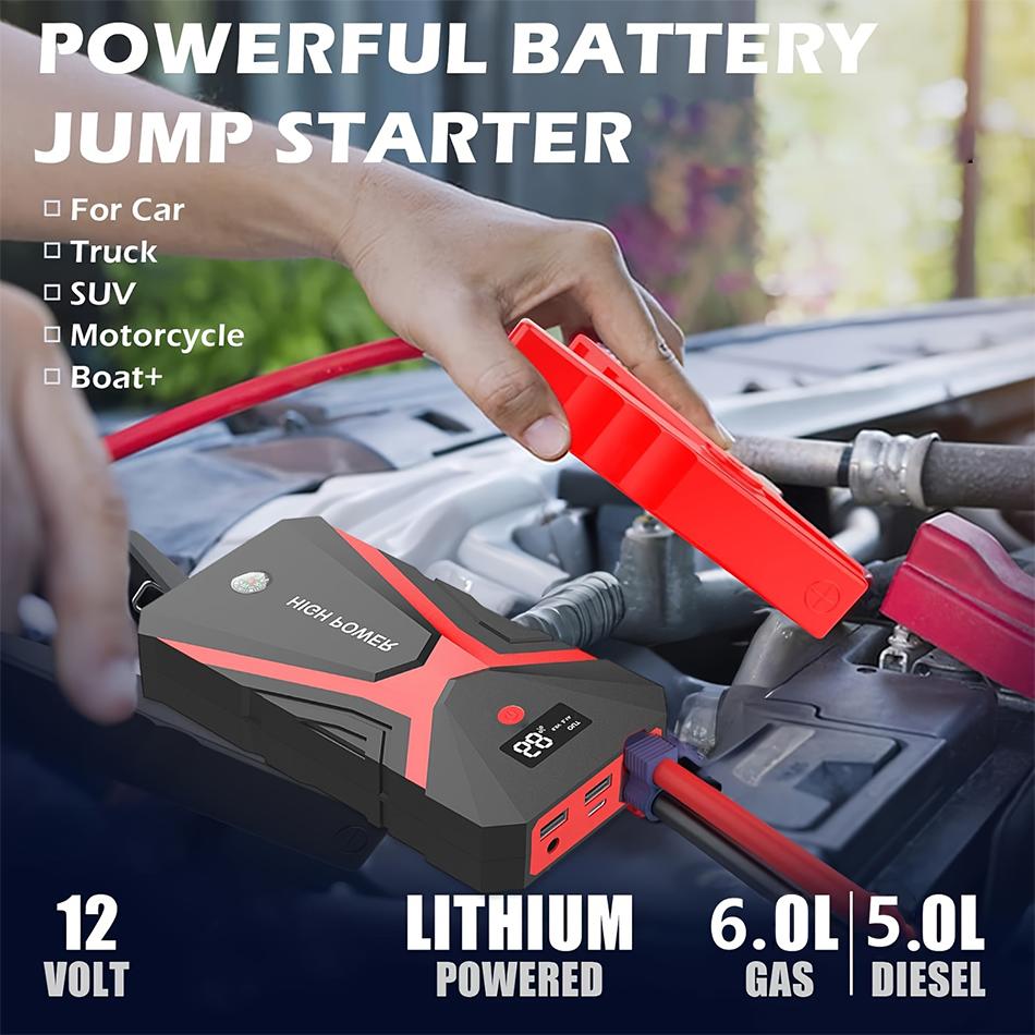 2000A Spitzenleistung Auto Starthilfe für 6.0L Benzin-/5.0L Dieselmotoren - mit LCD-Anzeige, Dual-USB-kompatibel und 12V DC-PORT