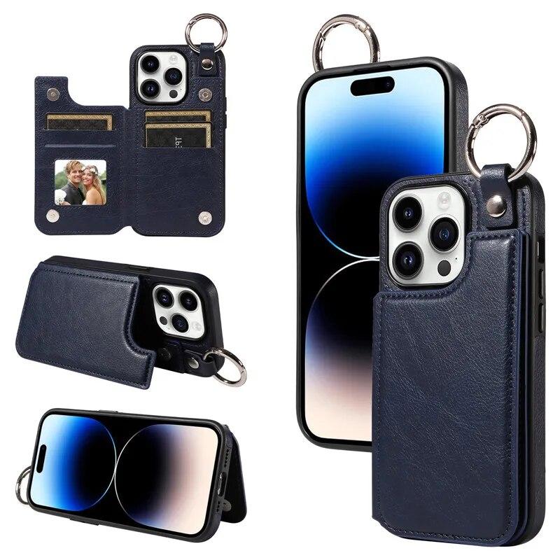 Ring Leder Portemonnaie Karte Handytasche für iPhone 15 Pro Max 14 Plus 13 Pro 12 11 für Samsung Galaxy S24 Ultra S23 S22 S21 FE A15 A54 A34 A14 Flip Cover