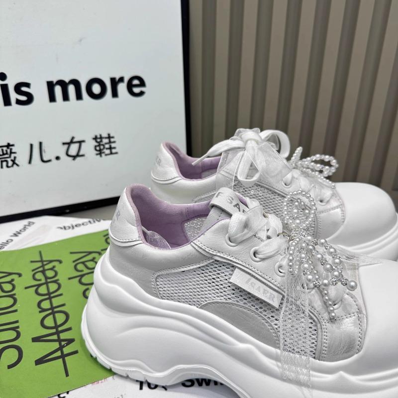 2025 New Women's Soft Leather Thick Bottom Sneakers Casual Sports Shoes Butterfly Knot Pearl Lace up Heightening Board Shoes