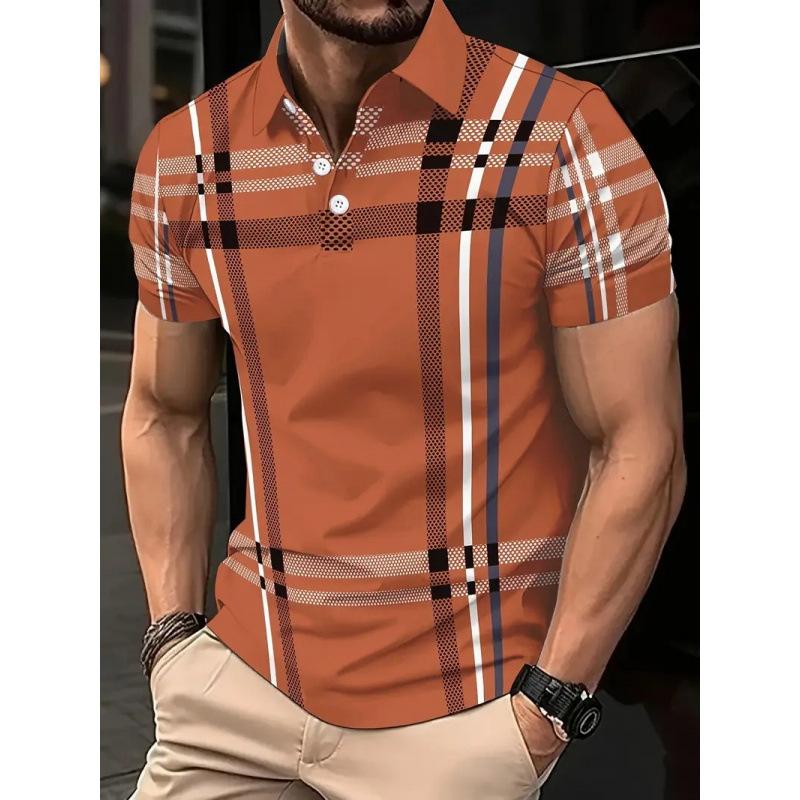 Men's Plaid Print Polo Shirt Short Sleeve Turn Down Collar Button Down Casual Golf Shirt