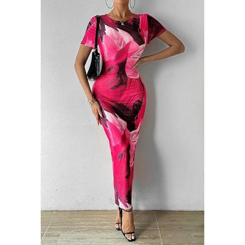 

YYFS Женская мода Лето Весна Цвет Блок Принт Короткие рукава О-образный вырез Высокая талия Повседневные платья XL розы красного