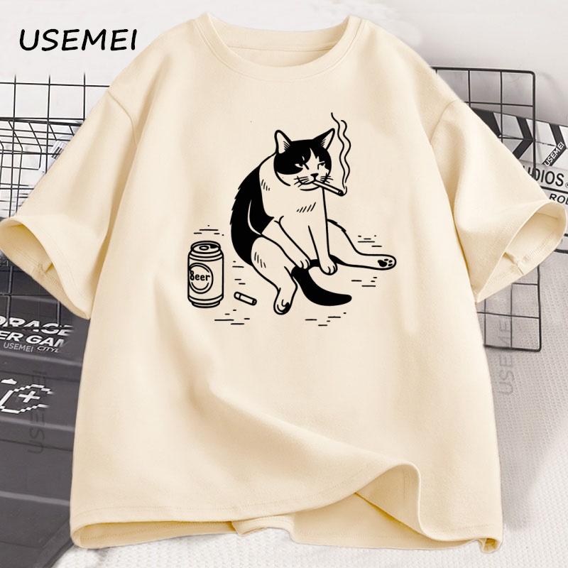 Funny Smoking Cat Meme Tshirt Unisex Cigarette Joke T Shirt Casual Stupid Brainrot Cat Lover Tshirt Humor Kitty Tee Male Clothes