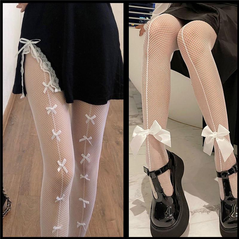 Women Jk Girl Cute Bowknot Tights Lolita Pantyhose Sexy Lace Mesh Fishnet Thigh High Stockings Club Party Cosplay Kawaii Hosiery
