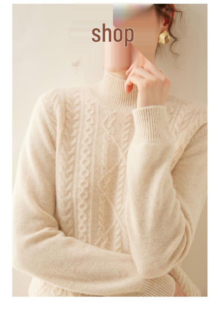 Women's High Neck Cashmere Pullover - Long Sleeve Solid Color with Diamond Cable Knit Pattern for Fall and Winter