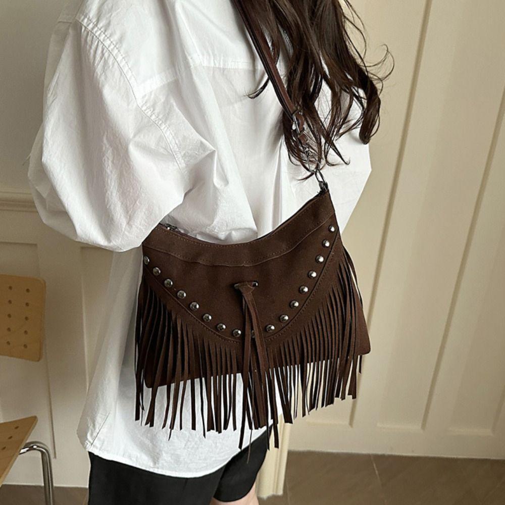 Korean Suede Crossbody Bag Rivet Ethnic Style Handbag Sweet Tassel Shoulder Bag Travel