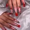 24Pcs Long Square Press On Nails Leopard Print French 3D Cherry Design False Nail Rhinestone Wearable Full Cover Fake Nails Tips