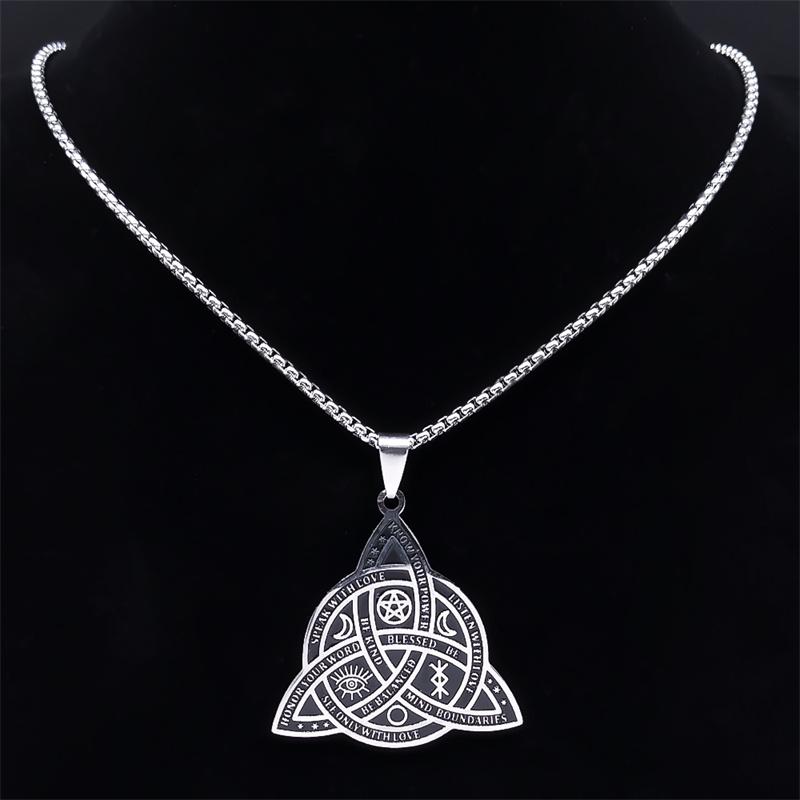Witch Triquetra Trinity Celtic Knot Necklace Stainless Steel Pentagram Triple Moon Goddess Necklaces Jewelry Collar N3406S02