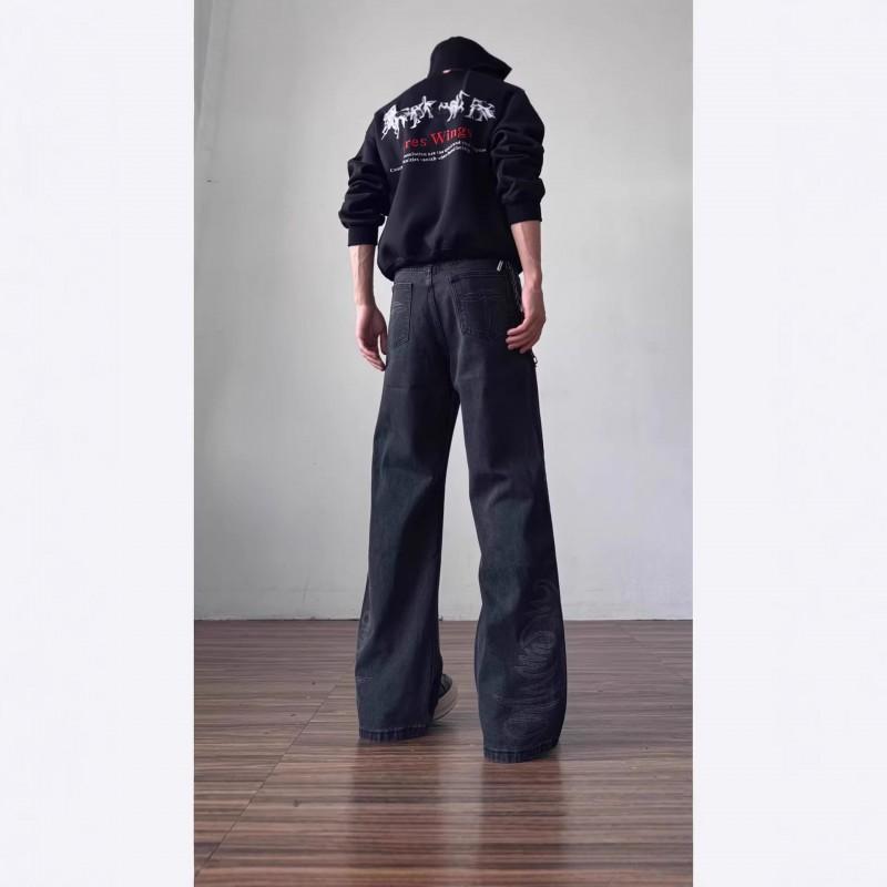 Mens Vintage Washed Embroidered Flare Jeans Loose Straight Leg Vibe Style Casual Denim Pants