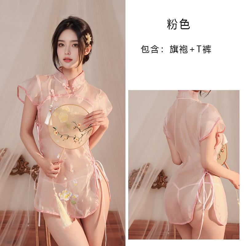 Summer Fashion Women's Clothing Ethnic Style Retro Cheongsam Embroidered Pattern Exotic Mesh Transparent Sexy Elegant Dress UU7H