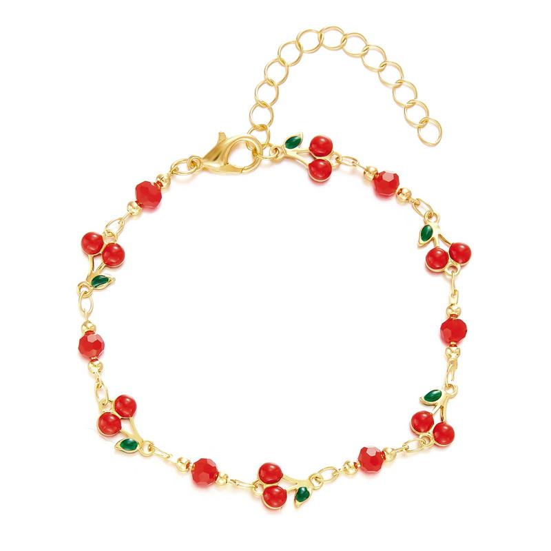 

Charm Red Strawberry Bracelet For Women Cute Cherry Heart Shape Fruit Pearl Metal Chain Wristband Girls Party Friendship Zircon
