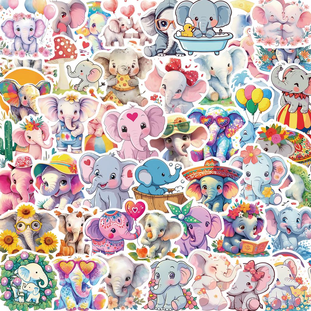 50PCS Cartoon Doodle Elephant Stickers Decoration Suitcase Scrapbook Laptop Phone Stationery Kid Wall Art Sticker