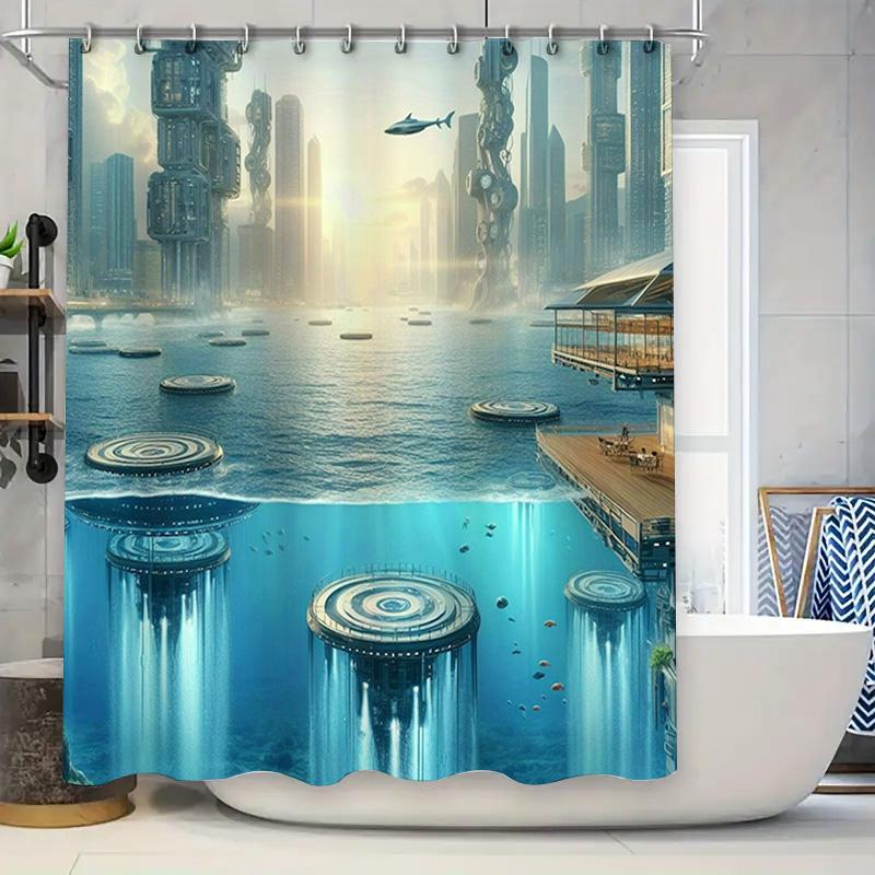 Futuristic Cityscape Shower Curtain Waterproof Decoration for Bathroom 90x180cm