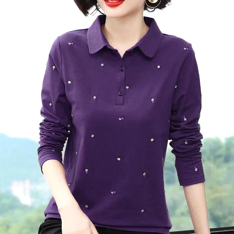 All Season Turn-down Collar Solid Dot Pattern Casual Plus Size Loose Women's Clothing T-Shirts Comfortable Simple Button