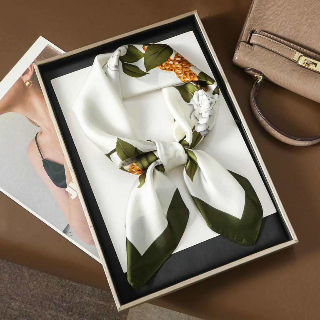 70 cm Beržų Miško Šilko Mišinio Šalikas: Moteriška pavasario/vasaros kvadratinė skarelė aliejinės tapybos stiliumi