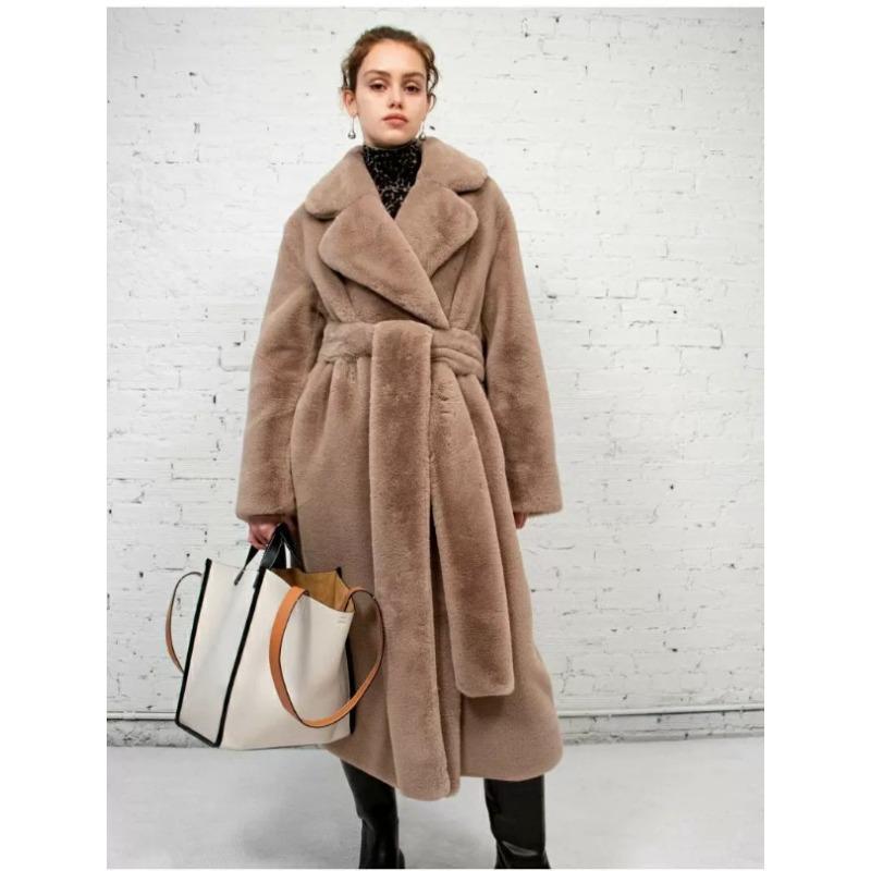Neuer Wintermantel aus Kaninchenfellimitat für Damen, verlängerter Gürtel, Jacke aus Fellimitat, verdickte warme Plüschjacke