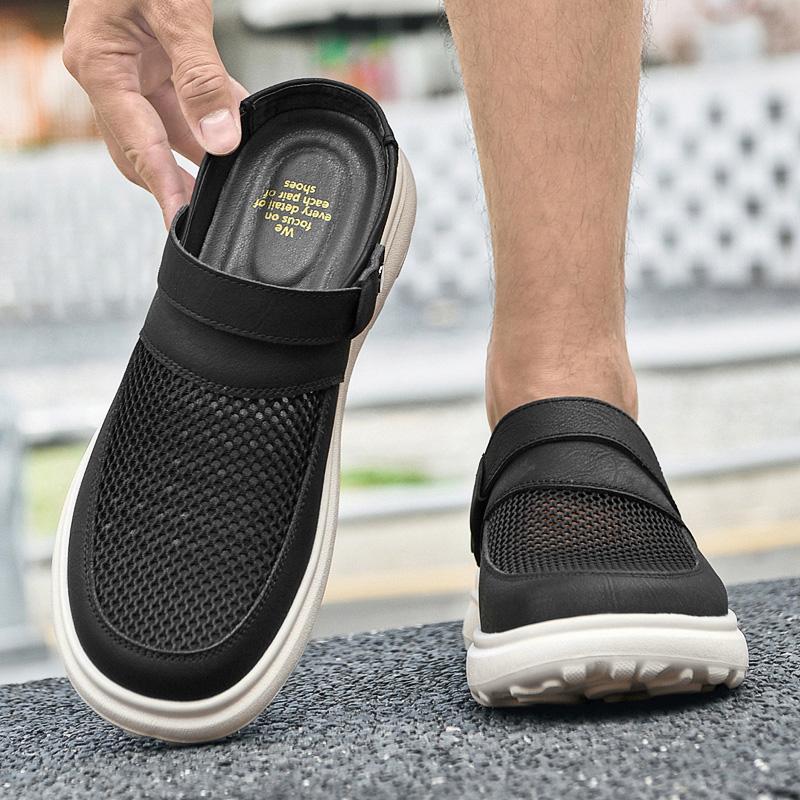 2026 Summer Mesh Slides Sandals Men Open Back Casual Shoes Mules Leather Backless Loafers Slippers Half Shoes Slip On Flats