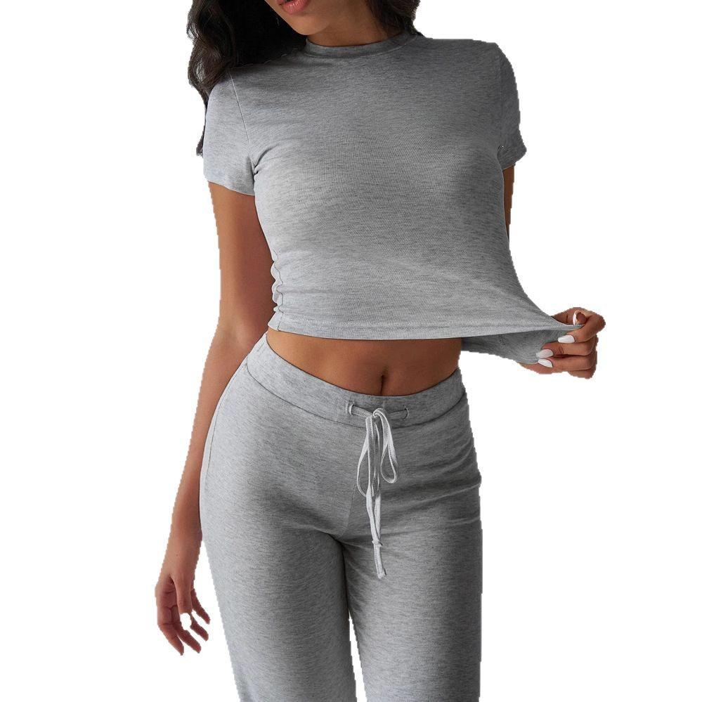 2025 European & American Women's Spring/Summer Solid Color Round Neck Set - Short Sleeve Top & Long Pants