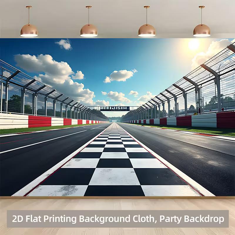 2D Pozadí Závodní Dráhy pro Motorsport, Slunečný Závodní Okruh s Kostkovaným Vzorem Téma Párty