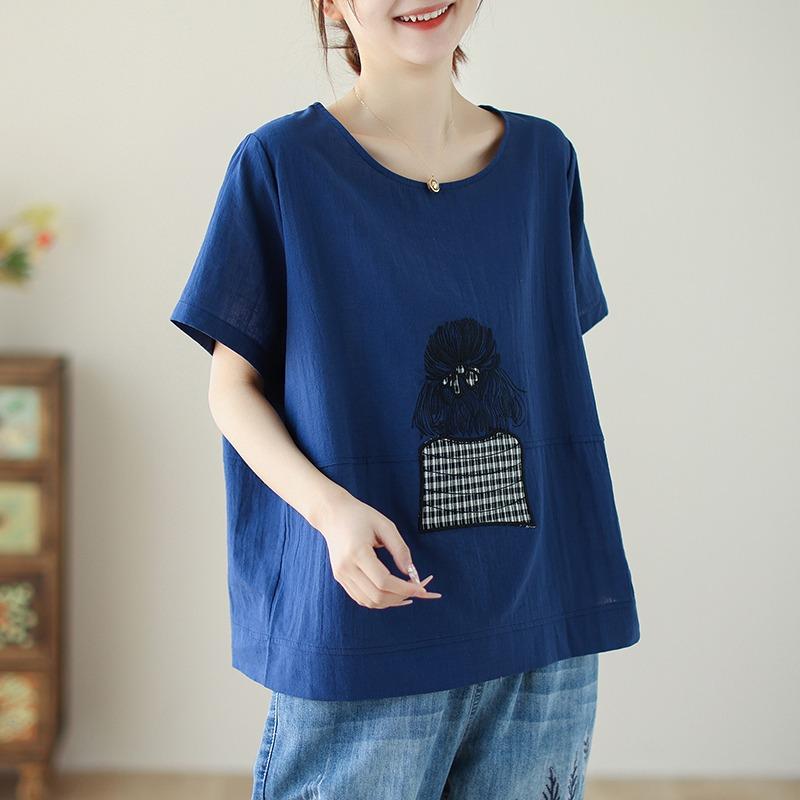 

DIMANAF 2024, женская футболка больших размеров с цветочным принтом, лоскутные льняные топы с круглым вырезом, свободные летние футболки 2024, новые футболки One Size белый