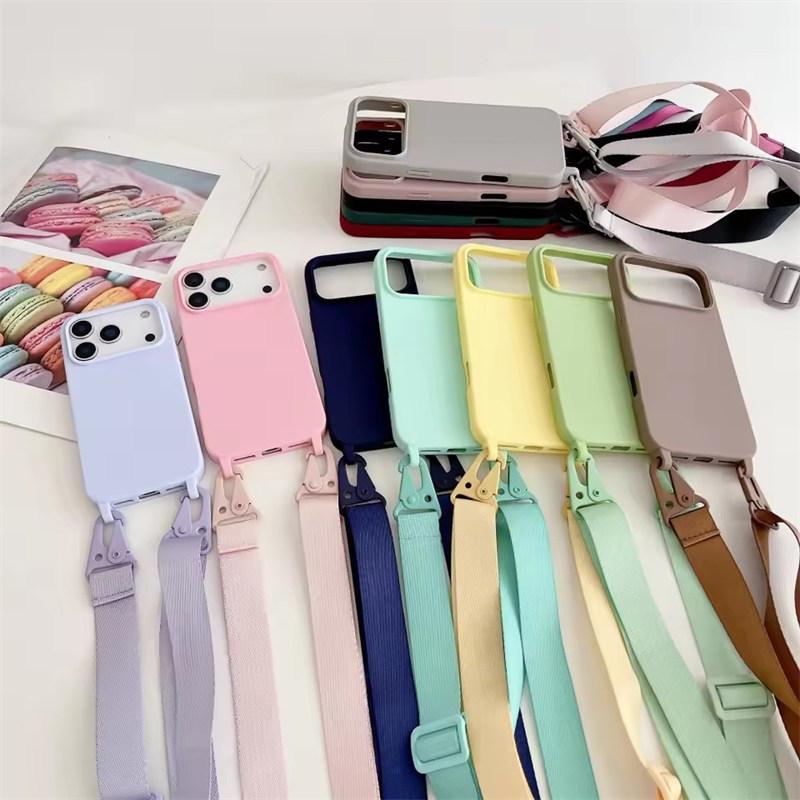 Crossbody Necklace Strap Lanyard Matte Silicone Case For iPhone 17 16 15 14 Pro Max 11 12 13 XR X XS 8 Plus SE Shockproof Cover
