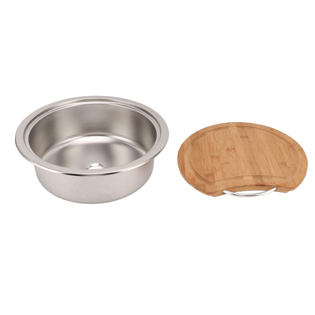 360x120mm 14.17x4.72in RV 304 Stainless Steel Sink Round Hand Wash Basin Sink with Bamboo Chopping Block for Boat