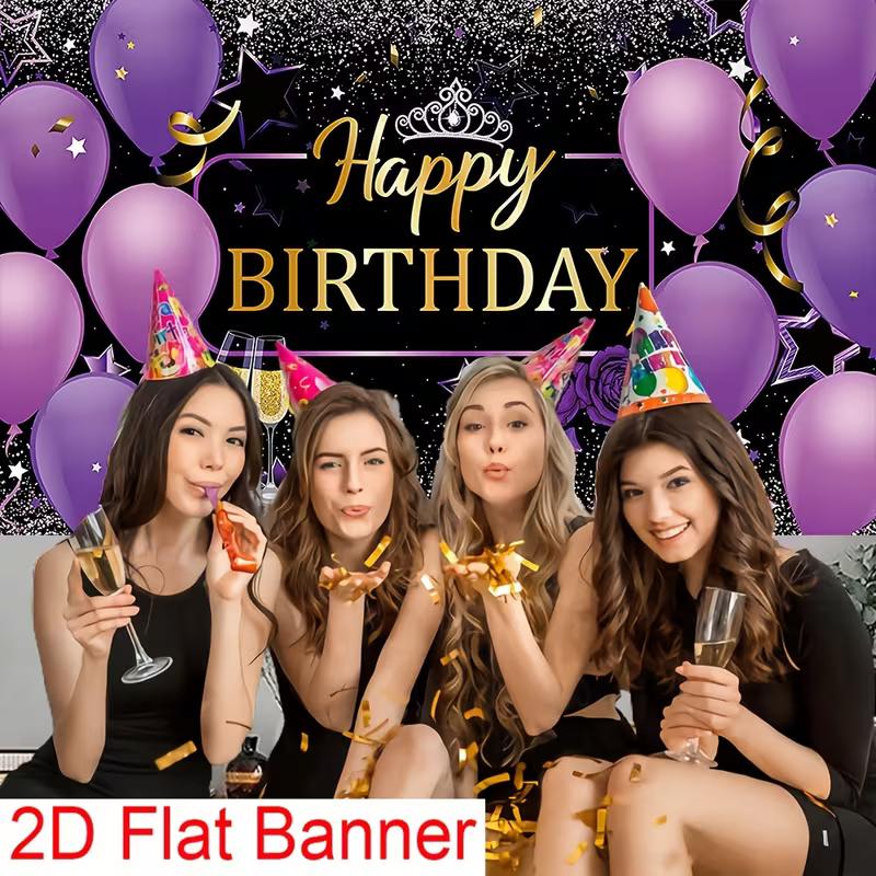 2D Flat Banner Birthday Backdrop Purple Black Gold for Women & Girls Themed Party Photos