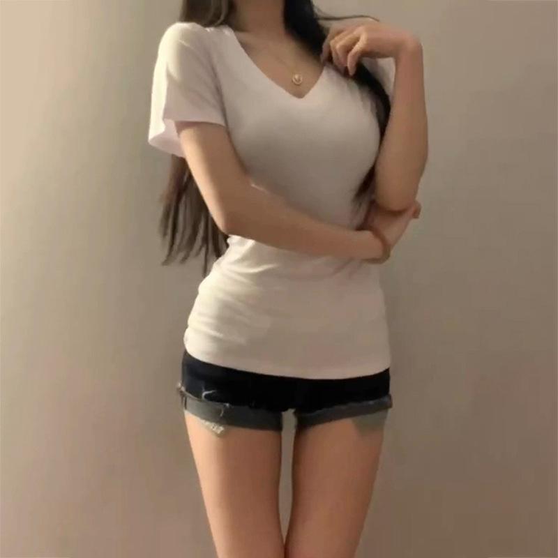 Black V-Neck Short Sleeve Women's Fitted Shoulder T-Shirt