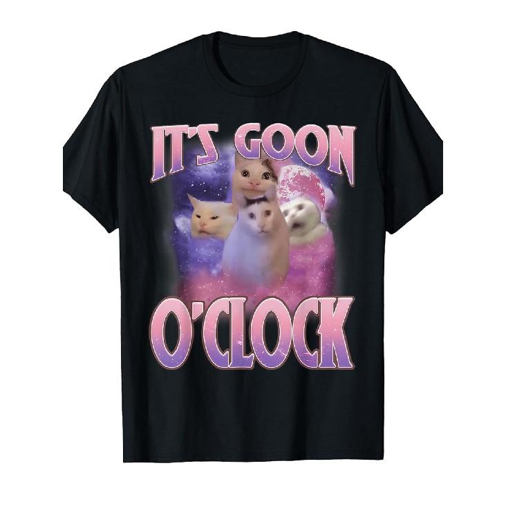 Funny "It'S Goon O'Clock" Meme T-Shirt with Cat & Wizard Design - 100% Soft Crew Neck Short Sleeve Tee for Men & Women, Casual Humorous Gift for