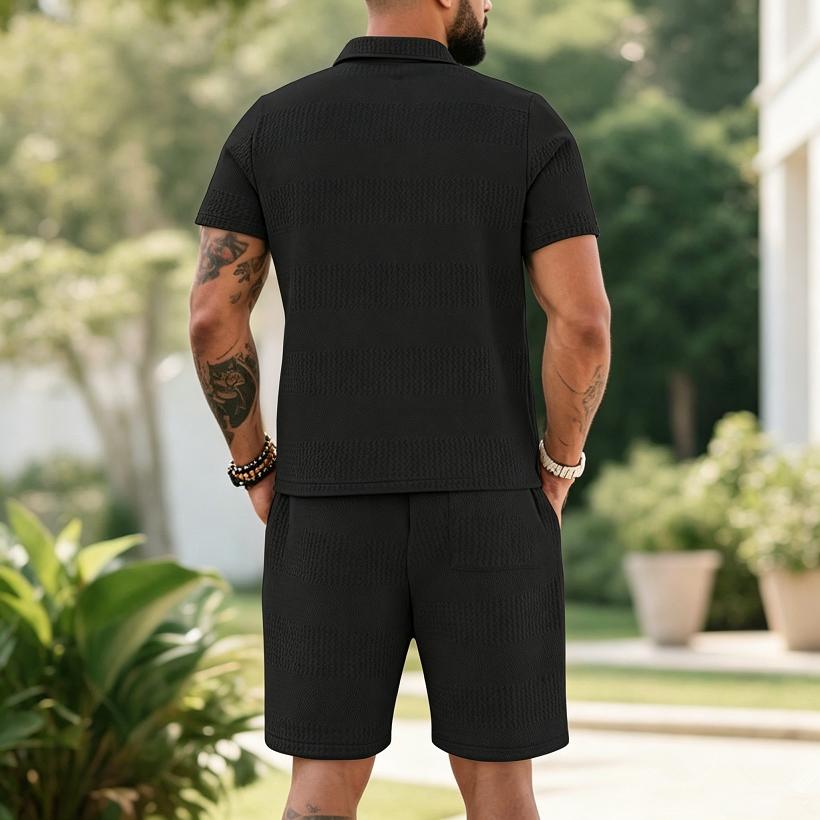 Men's Summer 2 Piece Outfit, Waffle Knit Polo Shirt and Elastic Waist Shorts, Casual Tracksuit for Beach Streetwear