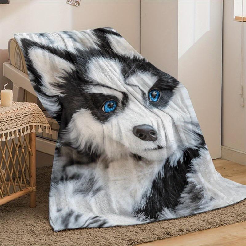 1pc Cute Husky Puppy Print Portable Blanket- Lightweight Flannel Throw for Sofa Bed Travel Camping Livingroom Office