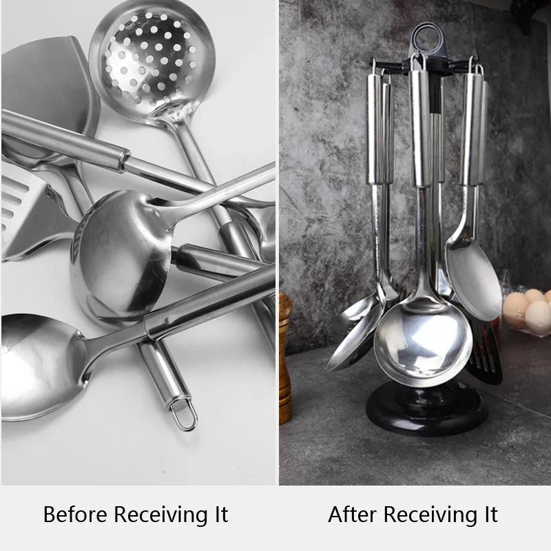 Küchen Drehregal Drehbarer Küchenutensilien-Organizer Haken Pfannenwender Löffel Messer Aufbewahrungsschrank Küchenzubehör