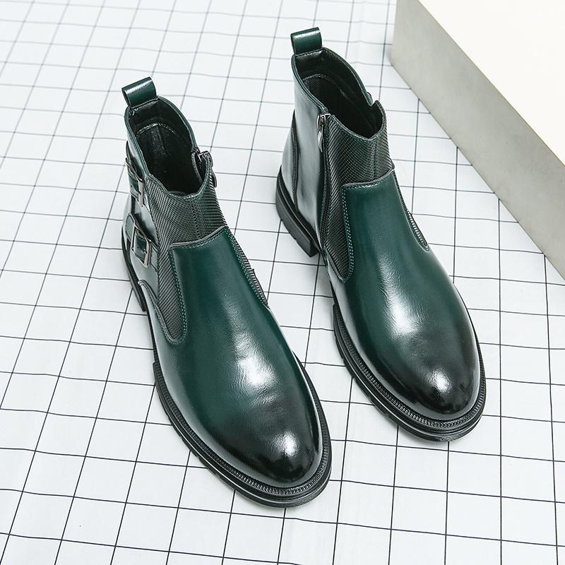 British Style Men Leather Boot 2025 Green Pointed-toe Ankle Boots Man Zip High Top Dress Boots for Man botas para hombre cuero