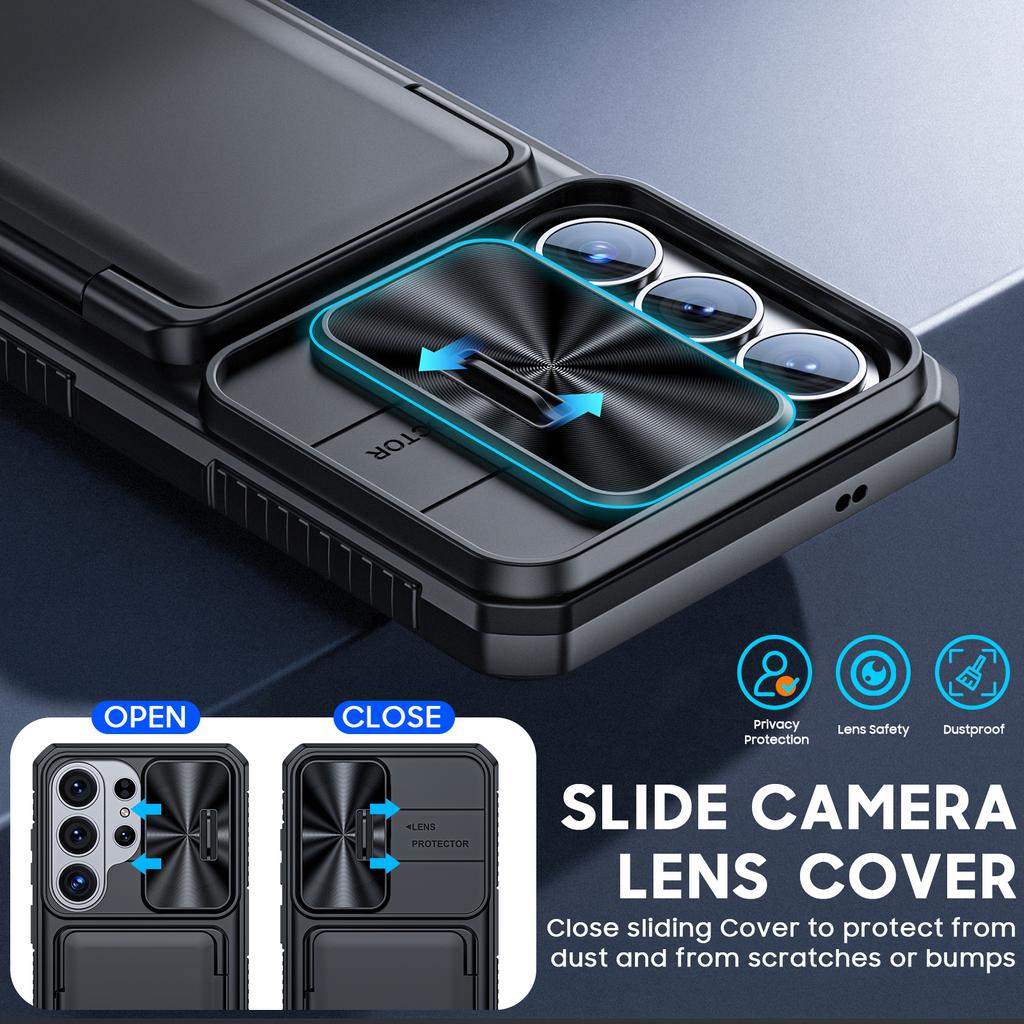 Mit Kartenhalter, Schiebbarer Kameraabdeckung und Ständer für Samsung Galaxy S26 Ultra Handyhülle, Anti-Fall PC+TPU Brieftaschenhülle - Schwarz