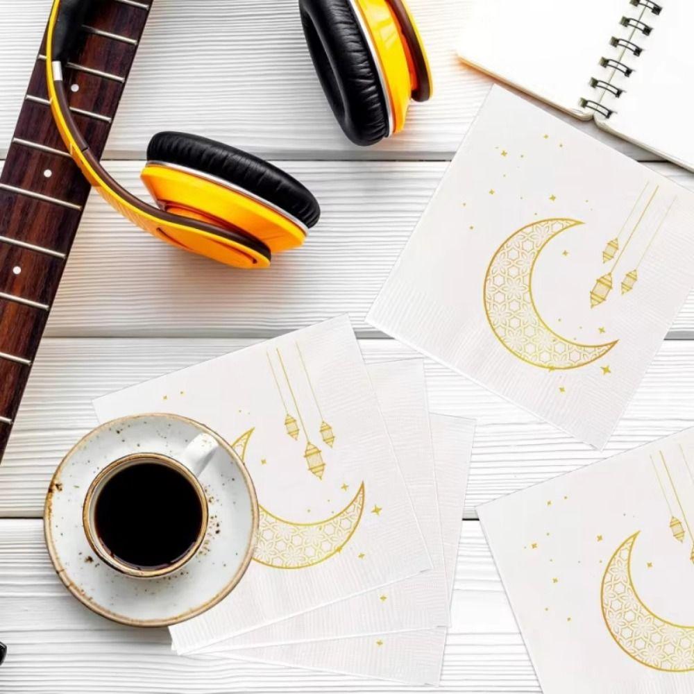 25Pcs Moon Printed Ramadan Party Napkins White Gold Islamic Tableware Paper Eid Celebrations
