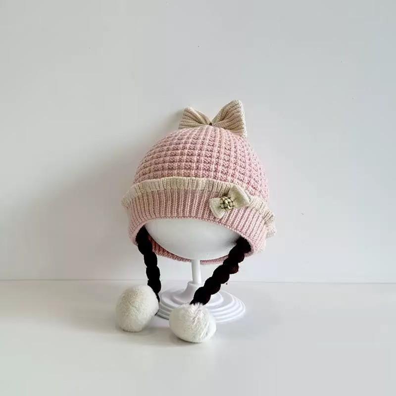 Baby Knit Hat Girls With Bow Braids Cartoon Design Soft Warm Beanie Infants 0-2 Years