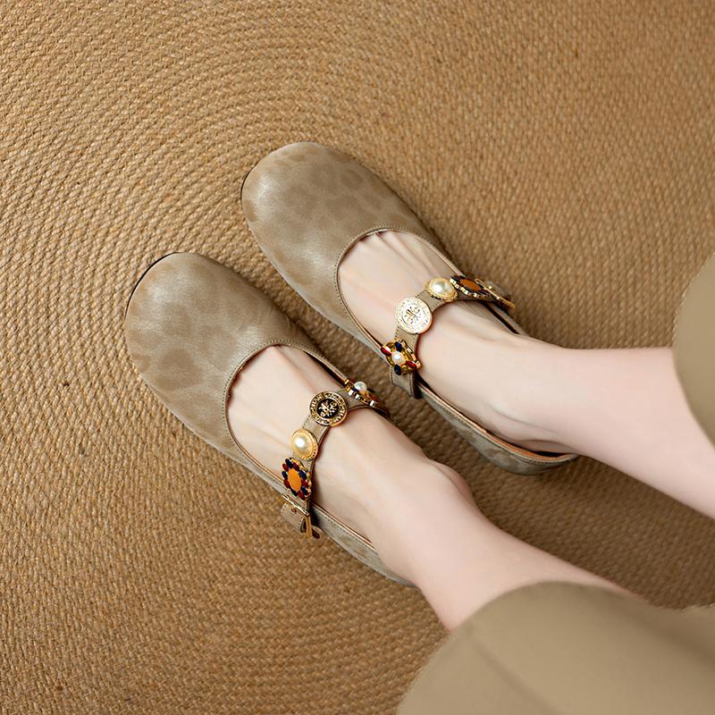 Krazing Pot Stain Sheep Skin Summer Size 40 Mary Janes Low Heels Gray Color Leopard Prints Round Toe Elegant Shallow Pumps