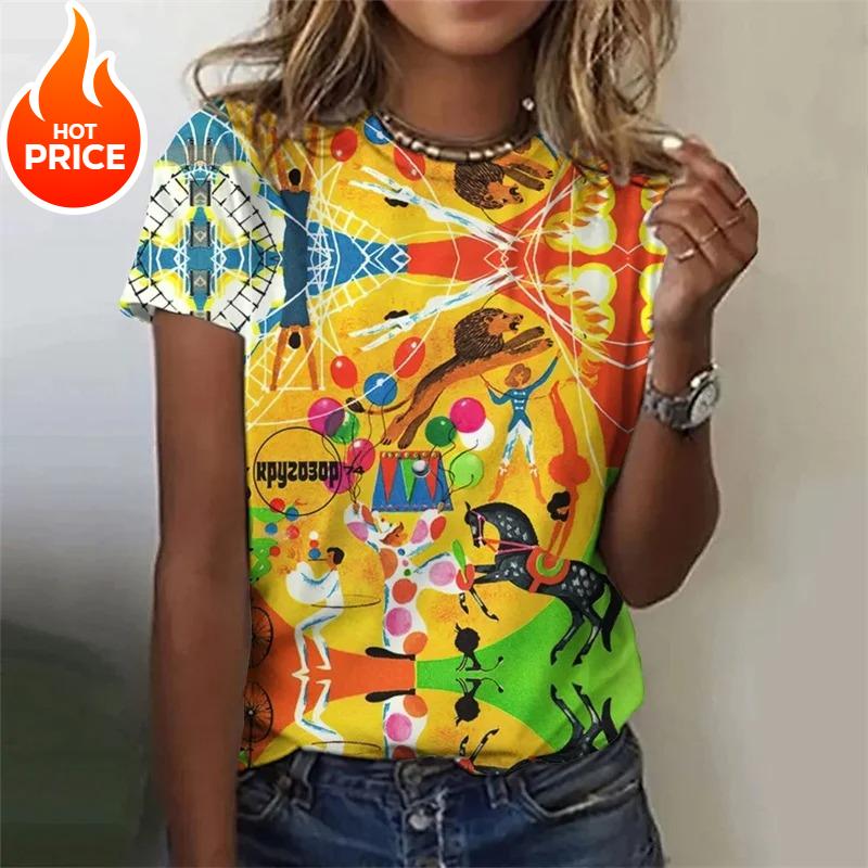 

3D-принтована кольорова футболка з оленем для жінок, абстрактна геометрична графіка, короткі рукави, літо, вуличний стиль, футболки з круглим вирізом, топи, вільні футболки 2XL