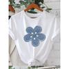 Sommer Neu Ins Trendiges Dreidimensionales Denim-Blumen-Dekorations-T-Shirt, Weißer Hintergrund, Frische Textur, Normale Passform, Bequemer Stoff,