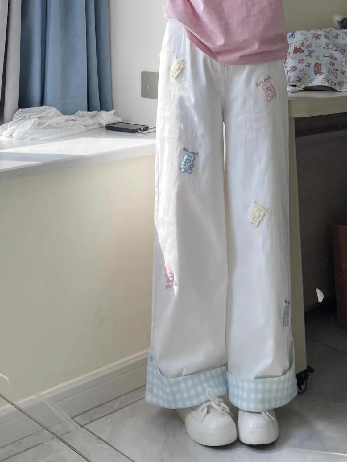 

American Bear Embroidery Plaid Wide-Leg Pants - Women’s Summer Straight Loose Floor-Length X-Large белый