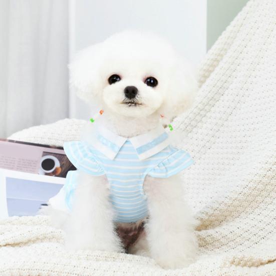 Spring Summer Puppy Dress Hem Striped Layered Pleated Collar Embroidered Print Doll Letters Sweet Contrast Color Dog Costume for