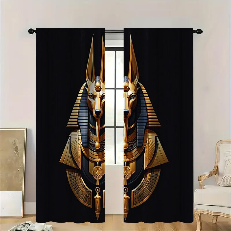 

Египетские шторы с принтом на тему фараонов, напечатанным в 3D, для декора гостиной, золотистый принт на черной ткани, суита 53cmX116cmX2pcs&Without mount
